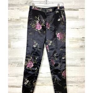 Zara womens size XS black floral straight leg dress pants medium weight satin